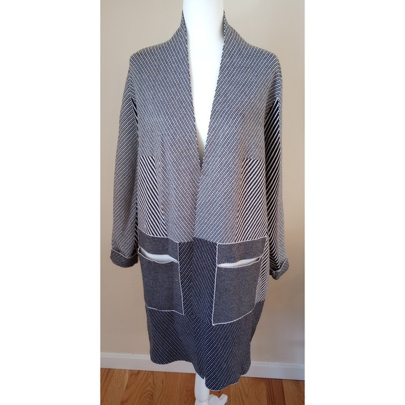 Vila Milano Sioni Sweaters - Sioni Ladies Open Front Cardigan Duster Sweater Coat Large Black+White EUC